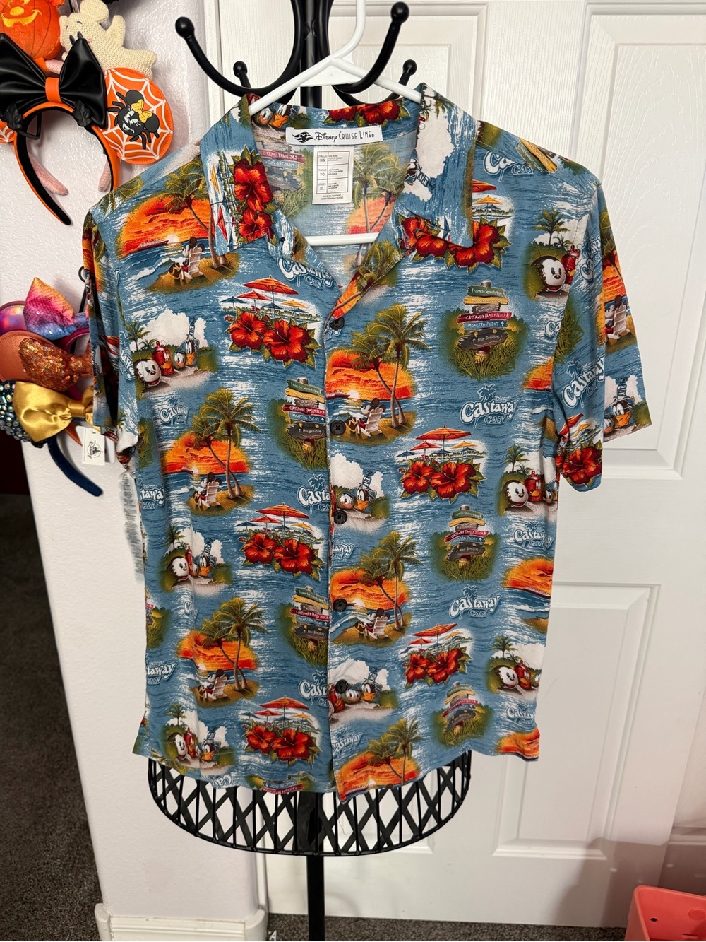 Disney Castaway youth XL Blue Tropical Camp Shirt with Orange & Red Accents
